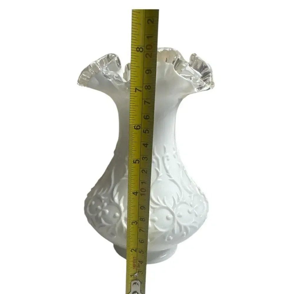 Vntg Fenton Art Milk Glass Spanish Lace Clear Crest Ruffled Rim Vase 7.5